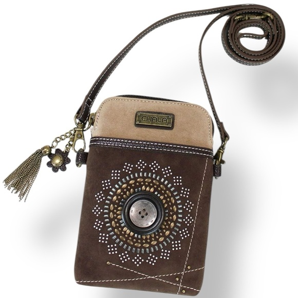 Chala Leather Bohemian/Western Dazzled Cellphone Crossbody Bag Brown/Tan 2 strap - Picture 1 of 12